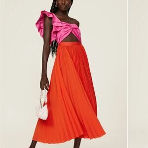 Amur Pink Orange One Shoulder Gown SIZE 2 Pleated Cut Out Formal Vacation $600